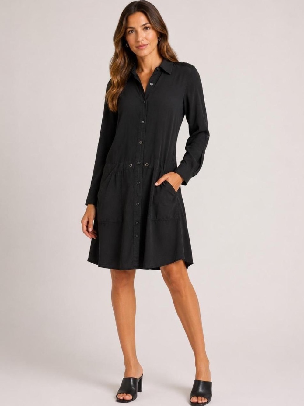 Eileen Fisher Black Button-Front Shirt Dress